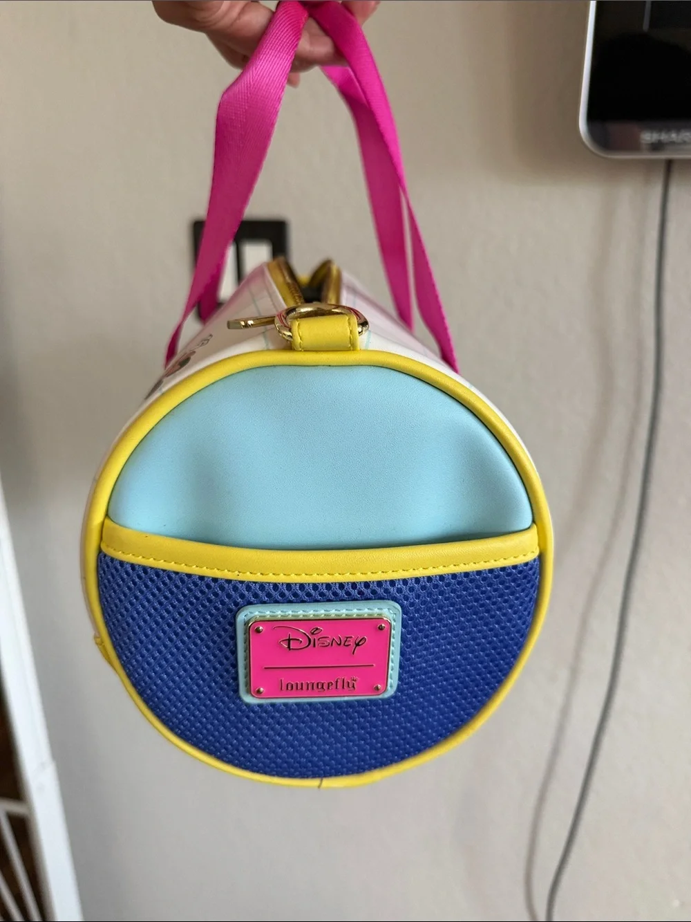 Loungefly White Kids Duffle with Hot Pink Handles and Yellow Trim